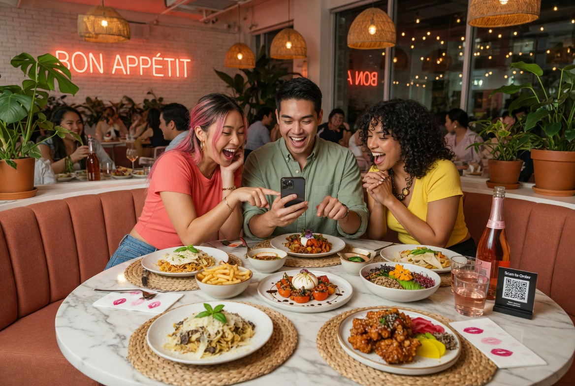 Gäste bestellen glücklich mit dem Smartphone im Restaurant
