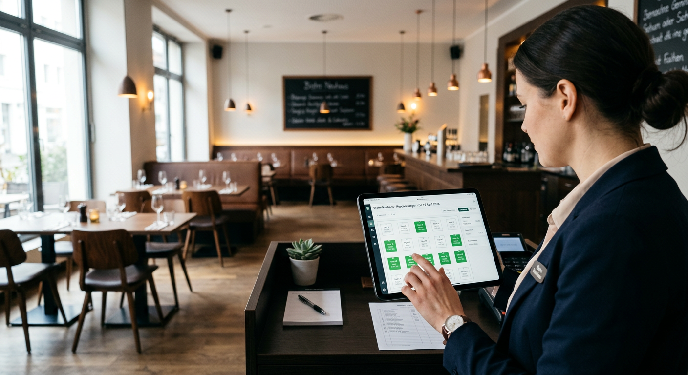 Restaurantmanagerin bedient Hey-James Cockpit auf Tablet