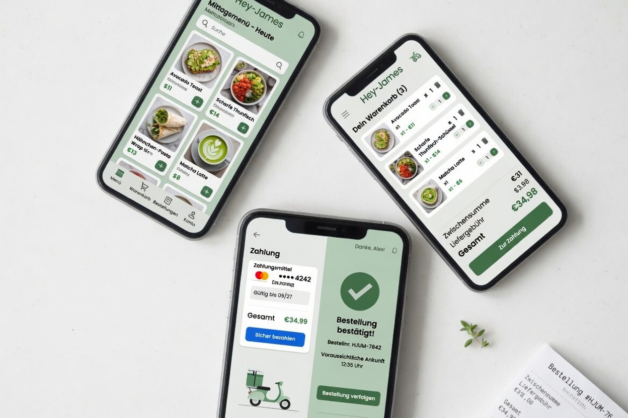 Hey-James App auf drei Smartphones